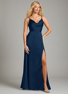 Azazie Sarella Bridesmaid Dresses Dark Navy A-Line Pleated Stretch Satin Dress image1