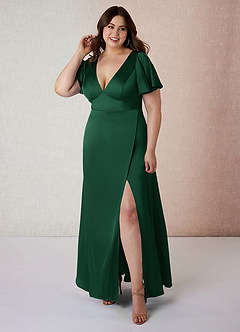 Azazie Lani Vestidos de damas de honor Vestido de Verde Oscuro de Satén Elástico de Corte en A con Manga volante image7