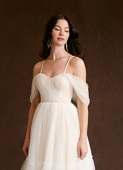 Azazie Vienna Wedding Dresses A-Line Off-The-Shouler Tulle Tea-Length Dress image5