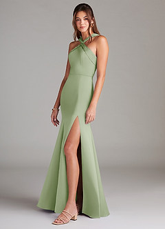 Azazie Rue Bridesmaid Dresses Dusty Sage A-Line Pleated Stretch Satin Dress image5