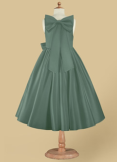 Azazie Bo Peep Blumenmädchenkleider A-Linie Schleifen Matte Satin Kleid Eukalyptus image8