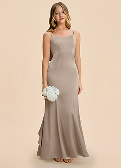Azazie Lioren Junior Taupe Sheath Bow Stretch Satin Dress image2