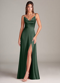 Azazie Sarella Bridesmaid Dresses Eucalyptus A-Line with Pockets Metallic Satin Dress image1