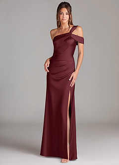 Azazie Wynter Bridesmaid Dresses Cabernet Sheath Off the Shoulder Stretch Satin Dress image1