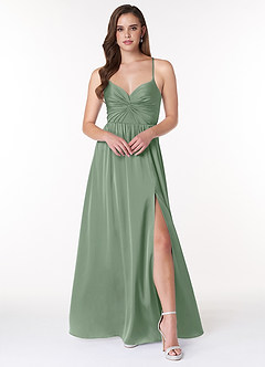 Azazie Raya At-home Try On Dresses Matcha A-Line V-Neck Pleated Stretch Satin Dress image1