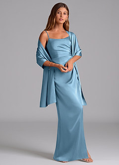 Azazie Calandra Bridesmaid Dresses Steel Blue A-Line Pleated Stretch Satin Dress image2