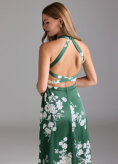Azazie Clarice Abiti da Damigella Abito A-Line in Raso Elasticizzato Collo Alto Green Botanicals image9