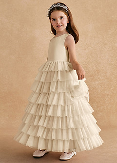 Azazie Twinkle Toes Flower Girl Dresses Champagne A-Line Bow Tulle Dress image4
