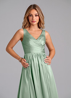 Azazie Keyla Bridesmaid Dresses Agave A-Line Pleated Stretch Satin Dress image3