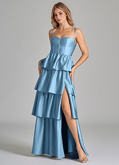 Azazie Faye Robes de demoiselle d'honneur Robe Trapèze en Satin extensible Rayé Acier Bleuté image8