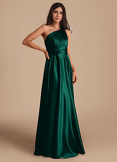 Azazie Charlize Bridesmaid Dresses Emerald A-Line One Shoulder Metallic Satin Dress image3