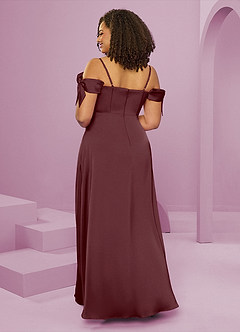 Barbie ♥ Azazie Bridesmaid Dresses Sangria A-Line Off the Shoulder Stretch Satin Dress image9