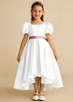 Azazie Zippy Flower Girl Dresses Ivory Dusty Rose A-Line with Sleeves Matte Satin Dress image5