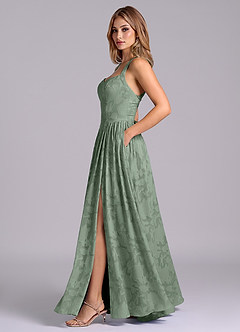 Azazie Francis Vestidos de damas de honor Vestido de Matcha de Devorado Floral de Corte en A con Corsé image3