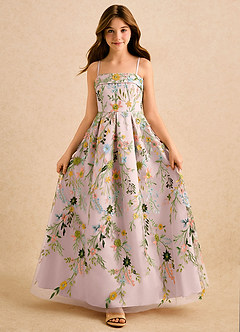 Azazie Lark Girls Formal Robe Demoiselle D'honneur Fillette Robe Trapèze en Dentelle Plissé Rose Pâle image5