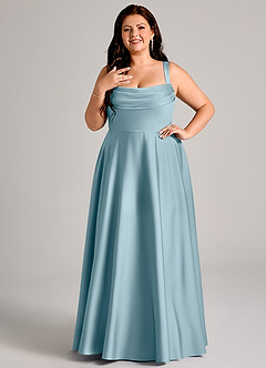 Azazie Shaude Bridesmaid Dresses Moody Blue A-Line Pleated Stretch Satin Dress image8