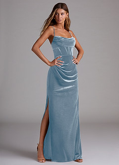 Azazie Mai Robes de demoiselle d'honneur Robe Fourreau en velours Encolure en Forme de Cœur Bleu Poussiéreux image3