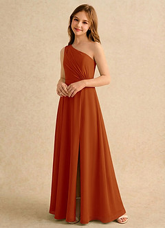 Azazie Puddles Girls Formal 플라워 걸 드레스 A라인 한쪽 어깨 쉬폰 플로어 길이 드레스 image4