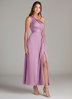 Azazie Brooke Robes de demoiselle d'honneur Robe Trapèze en Satin extensible Une épaule Glycine image4