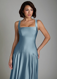 Azazie Reina At-home Try On Dresses Dusty Blue A-Line Pleated Stretch Satin Dress image3