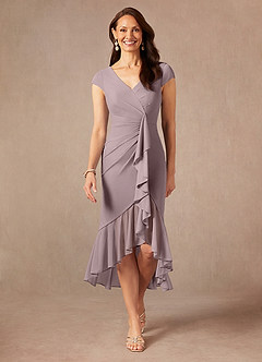 Azazie Renetta Mother of the Bride Dresses Dusk Sheath V-Neck Pleated Mesh Dress image1
