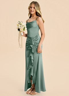 Azazie Rosalia Junior Silver Sage Sheath Pleated Stretch Satin Dress image3