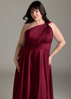 Azazie Charlize Bridesmaid Dresses Burgundy A-Line One Shoulder Stretch Satin Dress image14