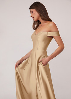 Barbie ♥ Azazie Bridesmaid Dresses Champagne A-Line Off the Shoulder Stretch Satin Convertible Dress image5