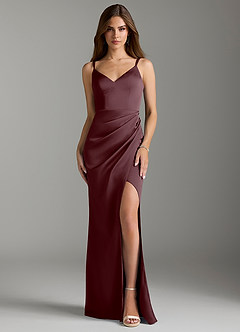 Azazie Leo Bridesmaid Dresses Sangria Sheath Pleated Stretch Satin Dress image1