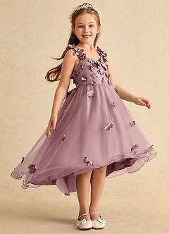 Azazie Tweety Robe Demoiselle D'honneur Fillette Robe Trapèze en Tulle Dentelle Rose Poussiéreuse image4