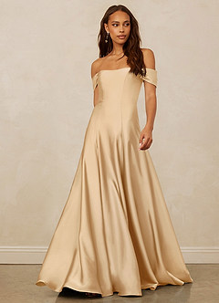 Christian Siriano Bridal for Azazie 1002 Robes de demoiselle d'honneur Robe Trapèze Convertible en Satin extensible Épaule décolletée Or image10