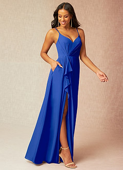 Azazie Kyedae Abiti da Damigella Abito A-Line in Chiffon con Scollo a V a Pieghe Blu Reale image3