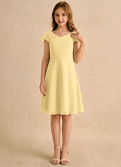 Azazie Narin Girls Formal Robe Demoiselle D'honneur Fillette Robe Trapèze en Mousseline de soie avec manches Beurre image4