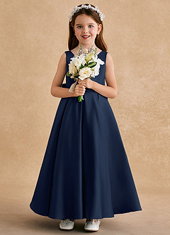 Azazie Honey Bear Blumenmädchenkleider A-Linie Plissee Matte Satin Kleid Dunkelmarine image3