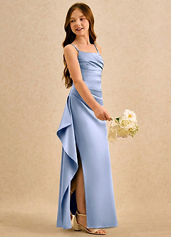 Azazie Cannoli Girls Formal Robe Demoiselle D'honneur Fillette Robe Trapèze en Mat Satiné Plissée Eis image4
