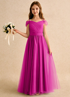 Azazie Yuna Girls Formal Abiti da Ragazza di Fiori Abito A-Line in Tulle Spalle Scoperte Fucsia image3