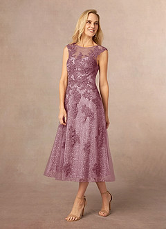 Azazie Flynn vestidos de madre de la novia Vestido de Malva Vintage de Tul de Corte En A con Cuello barco encaje image2