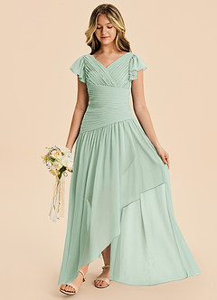 Azazie Pia Junior Abito A-Line in Chiffon Plissettato Agave image4