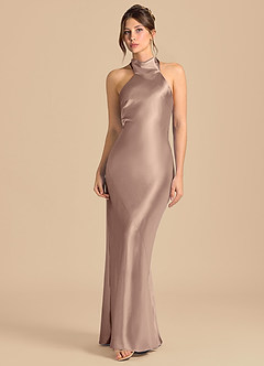 Azazie Velli Robes de demoiselle d'honneur Robe Fourreau en Satiné métallisé Col Haut Taupe image4