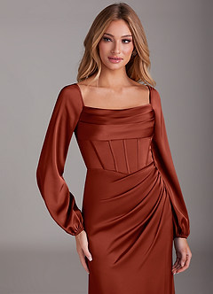 Azazie Charissa Bridesmaid Dresses Terracotta Sheath Long Sleeve Stretch Satin Dress image7