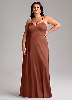 Azazie Mei Brautjungfernkleider A-Linie V-Hals Stretch-Satin Kleid Lehm image7