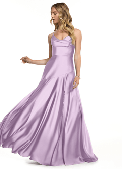Azazie Kayla Bridesmaid Dresses Frosted Lilac Sheath Side Slit Stretch Satin Dress image3