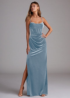 Azazie Mai Robes de demoiselle d'honneur Robe Fourreau en velours Encolure en Forme de Cœur Bleu Poussiéreux image4