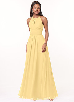 Azazie Bonnie Brautjungfernkleider Eine Linie Schlüsselloch Gerüscht Chiffon Kleid Butter image1