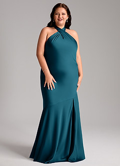 Azazie Lorena Bridesmaid Dresses Ink Blue Mermaid Pleated Stretch Satin Dress image9