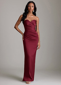 Azazie Jasmyn Bridesmaid Dresses Burgundy Sheath Strapless Stretch Satin Dress image6