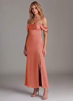 Azazie Saige Bridesmaid Dresses Salmon Pink Mermaid Off the Shoulder Stretch Satin Dress image4