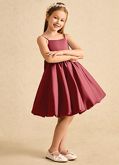 Azazie Davine Flower Girl Dresses Pomegranate A-Line Spaghetti Strap Matte Satin Dress image6