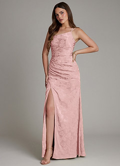 Azazie Mishka Probar vestidos en casa Vestido de Jacquard De Rosas de Jacquard Floral de Corte Recto con Hombro unilateral image5