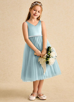 Azazie Firefly Robe Demoiselle D'honneur Fillette Robe Trapèze en Mat Satiné Arc Brume image1